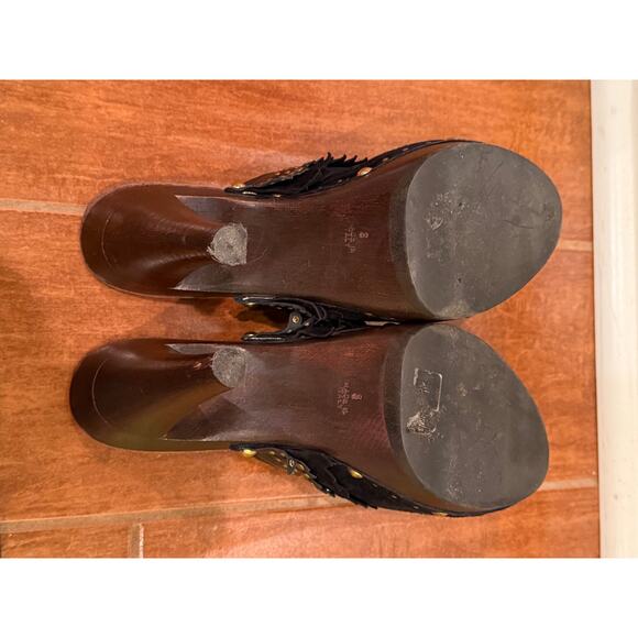 Isabella Fiore Black Suede Fringe Studded Wooden Heels Women’s Size 8 - Picture 8 of 14